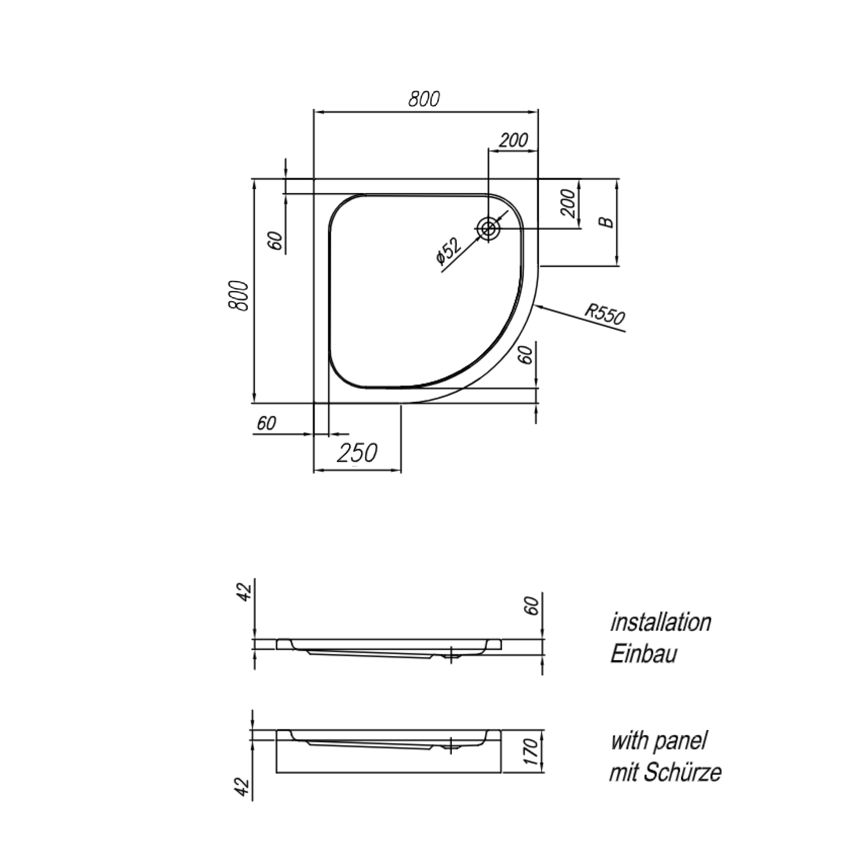Kolpa San Ontex White 80x80x6 R550 tuš kada polukružna ugradna od sanitarnog akrila sa odlivom Ø52mm 754870