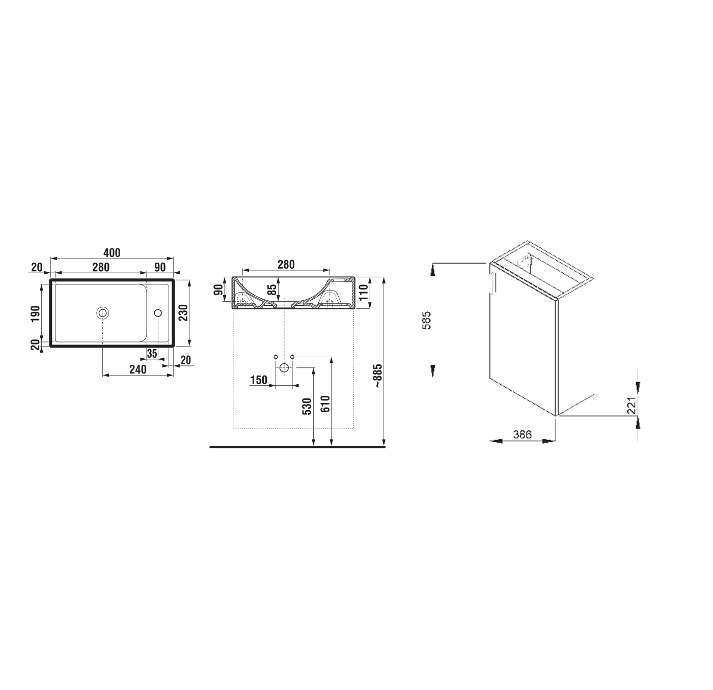 Jika Petit Cherry ormar i umivaonik (labavo) konzloni sa rupom za bateriju na desnoj strani 38,6x22,1x58,5 4.5351.1.175.308.1