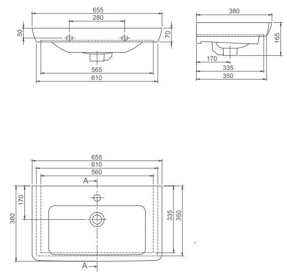 Turkuaz CeraStyle Porto White umivaonik (lavabo) 65,5x38x7 konzolni sa rupom za bateriju i prelivom 68100U