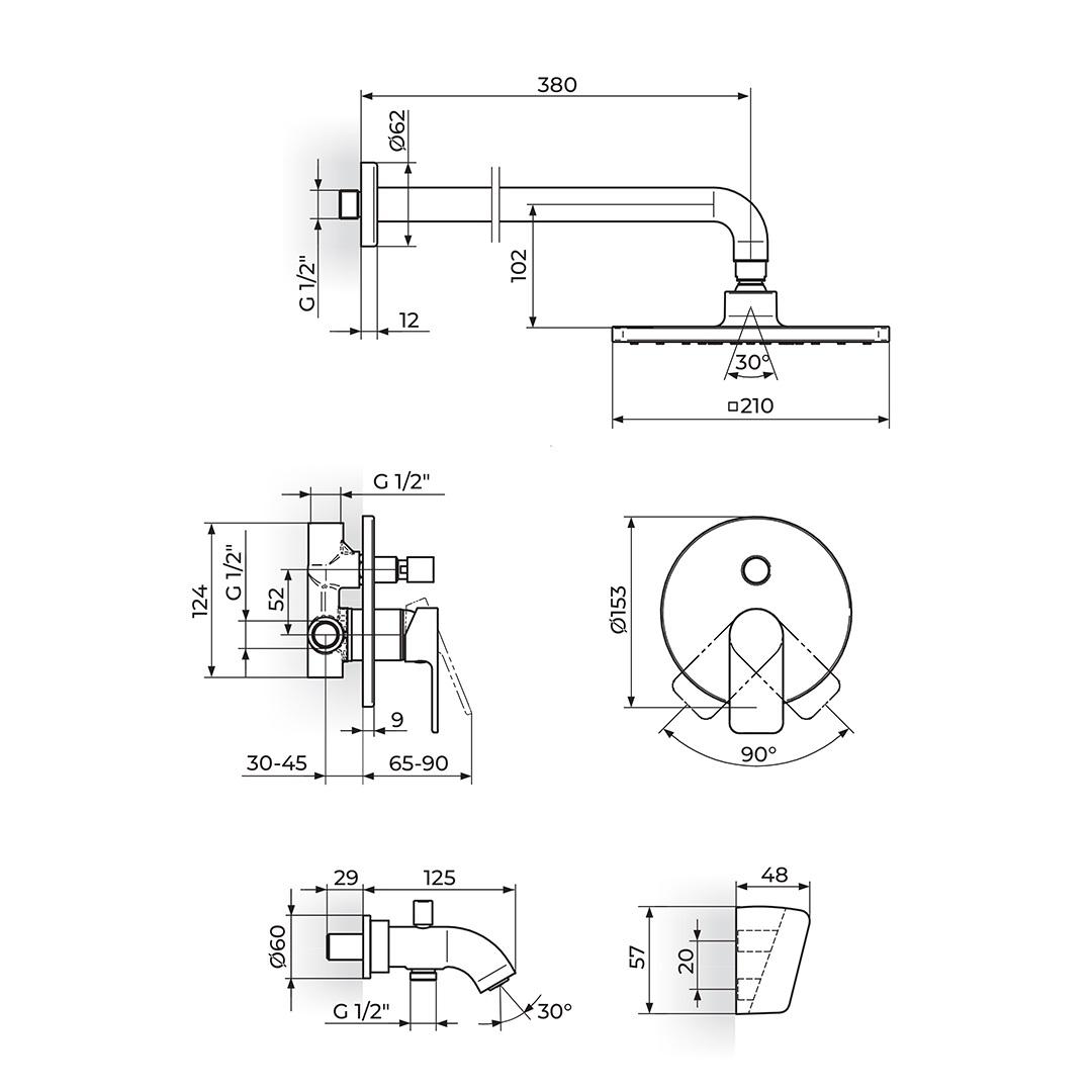 Rosan S2 Black 210 Matt Black mešač sa prebacivačem, nadglavni tuš četvrtasti, izliv sa prebacivačem i priključkom za crevo ručnog tuša i ručni ruš set 231701B