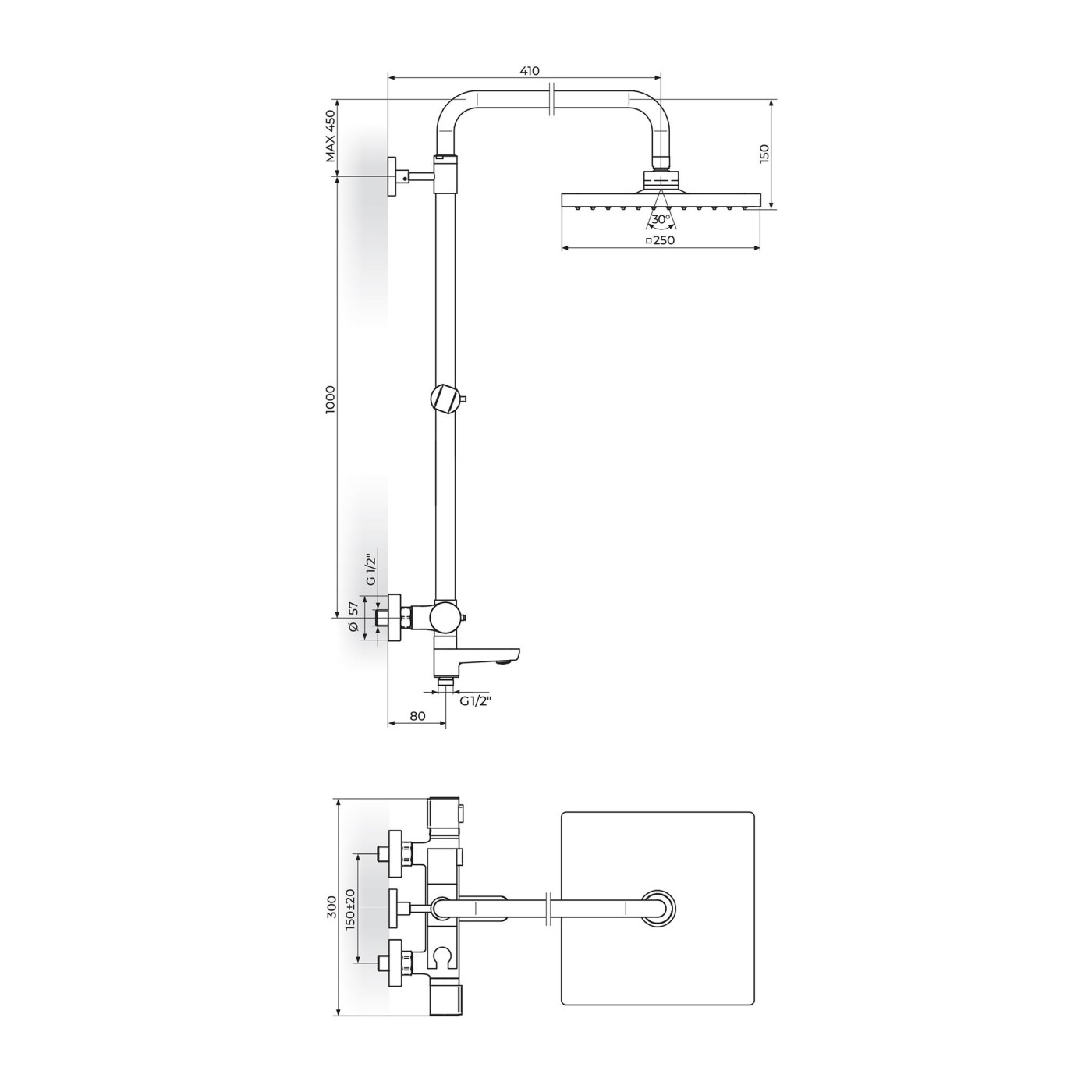 Rosan Stolz Thermo 250 Chrome kompletni tuš sistem termostatski sa izlivom, ručnim tuš setom i četvrtastim nadglavnim tušem 1T37352