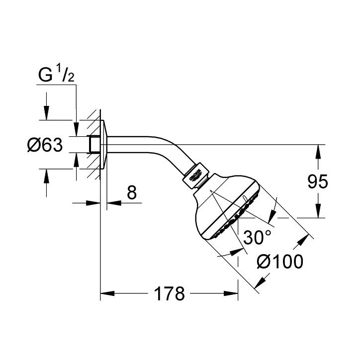 Grohe Tempesta 100 Chrome nadglavni tuš okrugli sa 3 mlaza i držačem nadglavnog tuša zidnim od 178mm 26088001