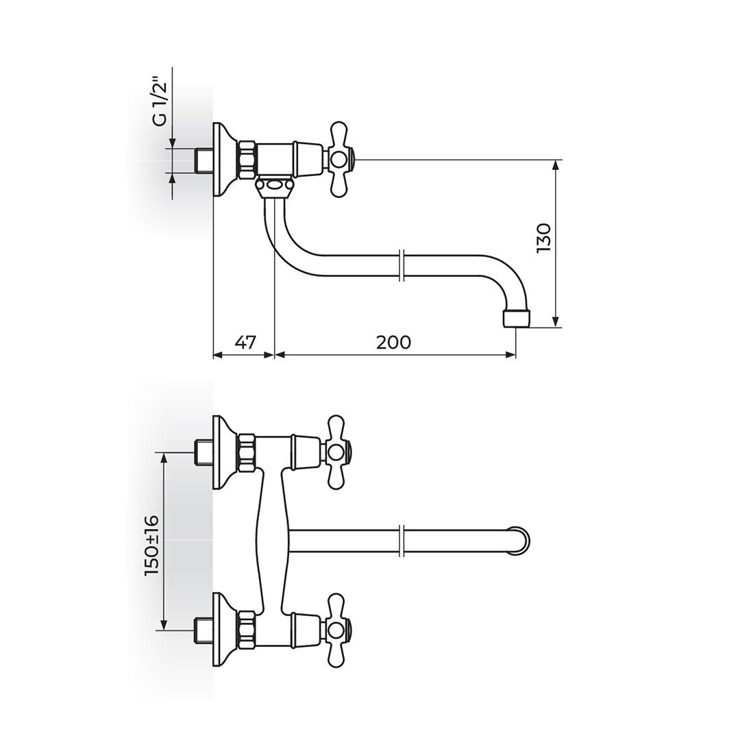 Rosan Brontee 200 Old Gold baterija (slavina) za umivaonik/sudoperu zidna sa lulom dole spuštenom 130mm NB01101