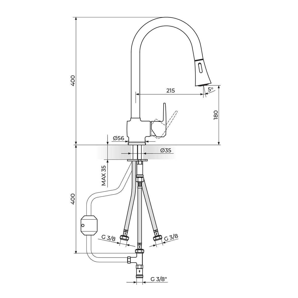 Rosan Cubo 180 Chrome baterija (slavina) za sudoperu sa izvlačnim tušem sa 3 cevi JC38503