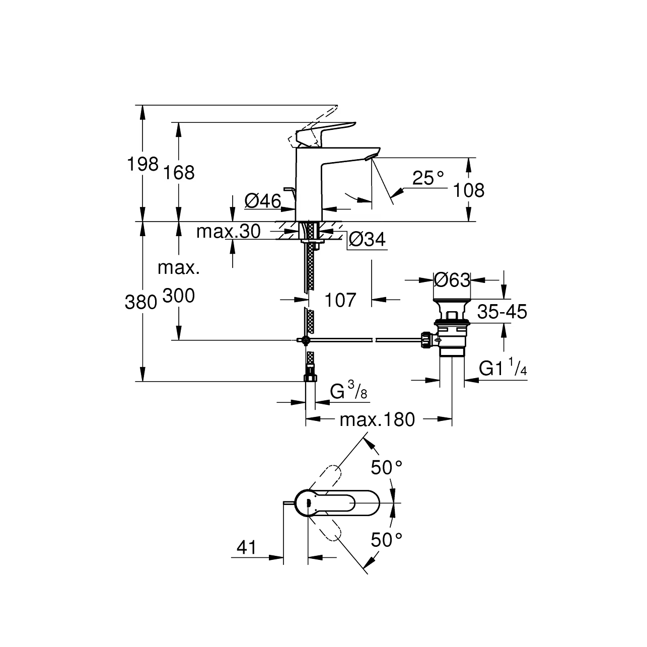 Grohe Bauedge 108 Chrome baterija (slavina) za umivaonik sa odlivnim ventilom sifona pop-up 23758000
