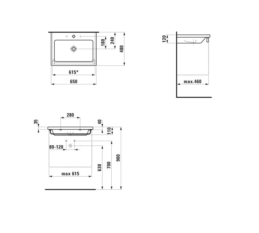 Laufen Living White umivaonik (lavabo) 65x48x11 konzolni i nadgradni sa rupom za bateriju i prelivom 8.1643.1.000.104.1