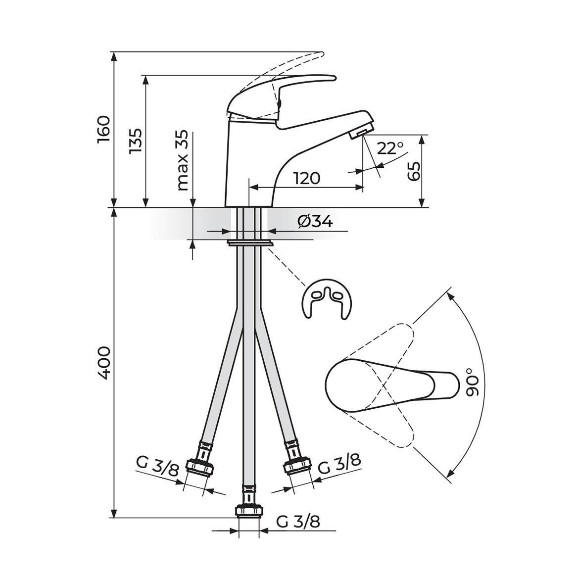 Rosan King 65 Chrome baterija (slavina) za umivaonik sa 3 cevi J301003