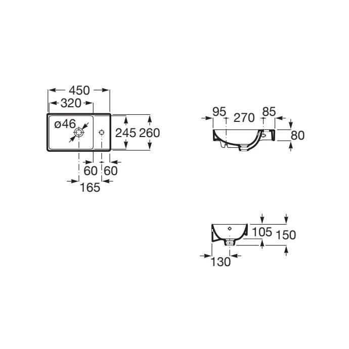 Roca Ona White Fineceramic® umivaonik (lavabo) 45x26x8 konzolni sa rupom za bateriju desno i prelivom A327681000
