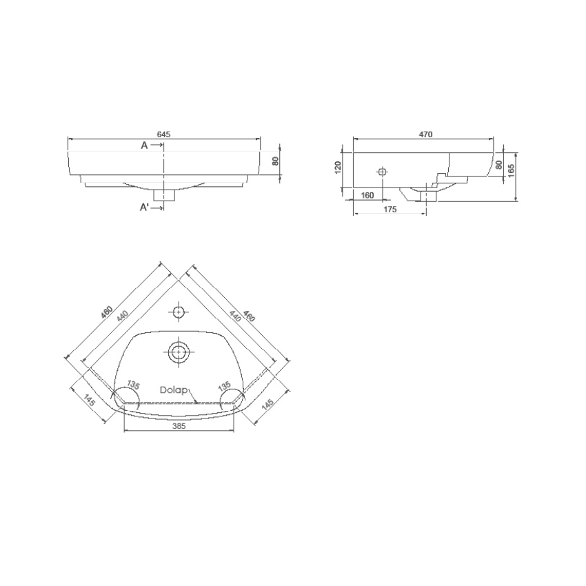 Turkuaz CeraStyle Arda White umivaonik (lavabo) 46x46 konzolni ugaoni sa rupom za bateriju 1900U