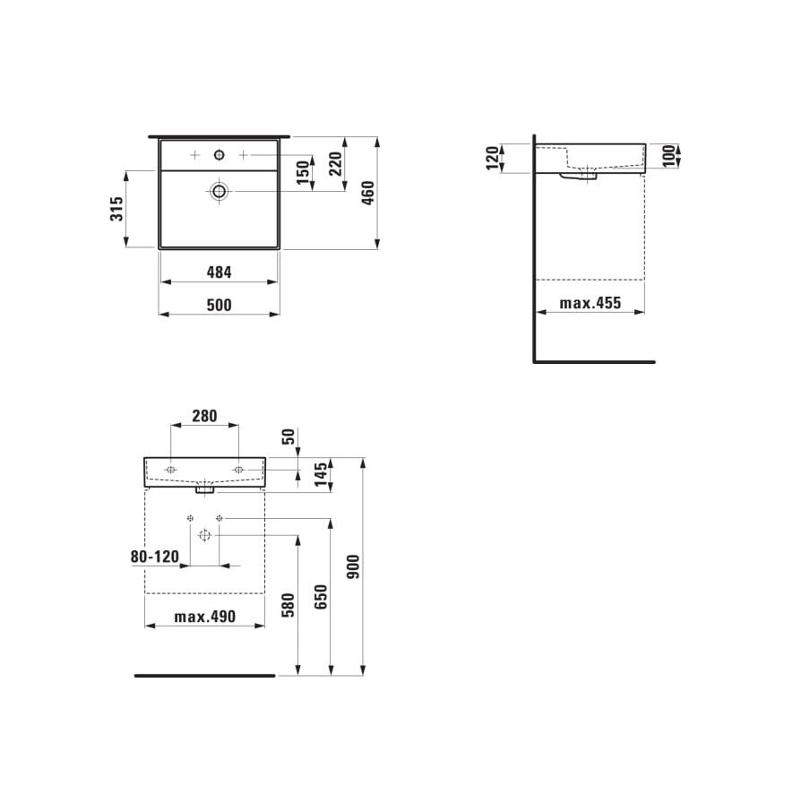 Laufen Kartell Black Glossy umivaonik (lavabo) 50x46x14,5 konzolni i nadgradni sa rupom za bateriju i prelivom 8.1033.2.020.104.1