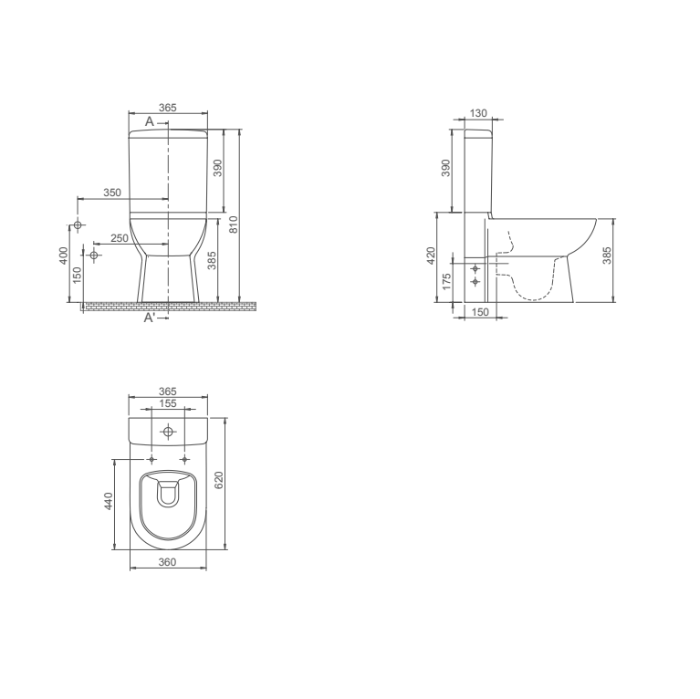 Turkuaz CeraStyle Bella White BTW monoblok sa univerzalnim odvodom (simplon/baltik) i sa dovodom vode odozdo sa ispiračem 36,5x62x81 8800
