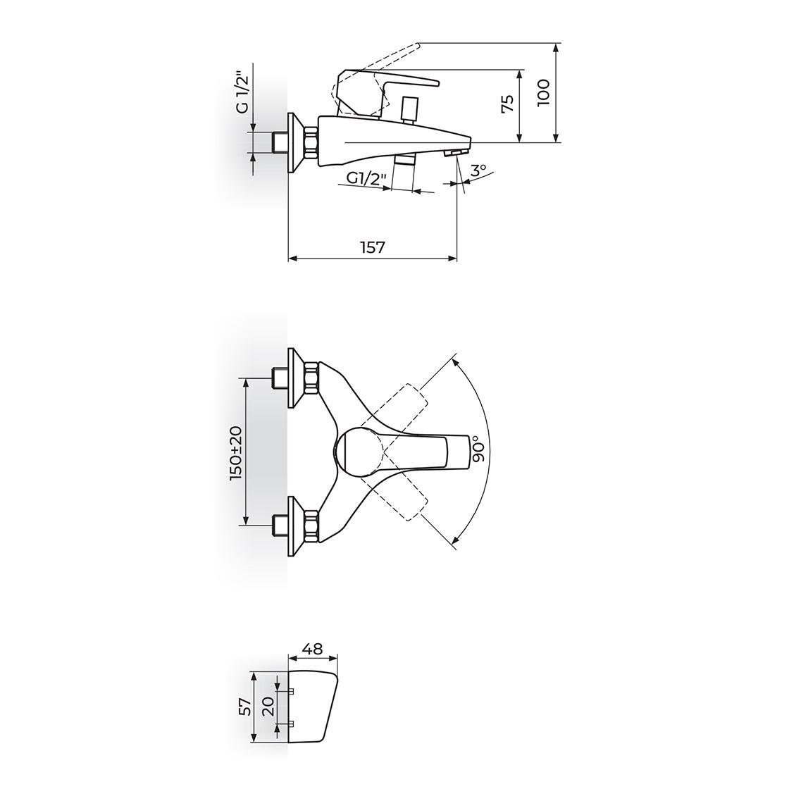 Rosan Cubo3 Chrome baterija (slavina) za tuš sa izlivom i ručnim tuš setom četvrtastim JC33101