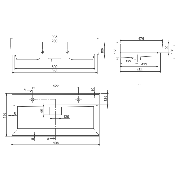 Turkuaz CeraStyle Sharp White umivaonik (lavabo) 99,8x47,6x10 konzolni sa 2 rupe za bateriju i prelivom sa keramičkim odvodom 37600U