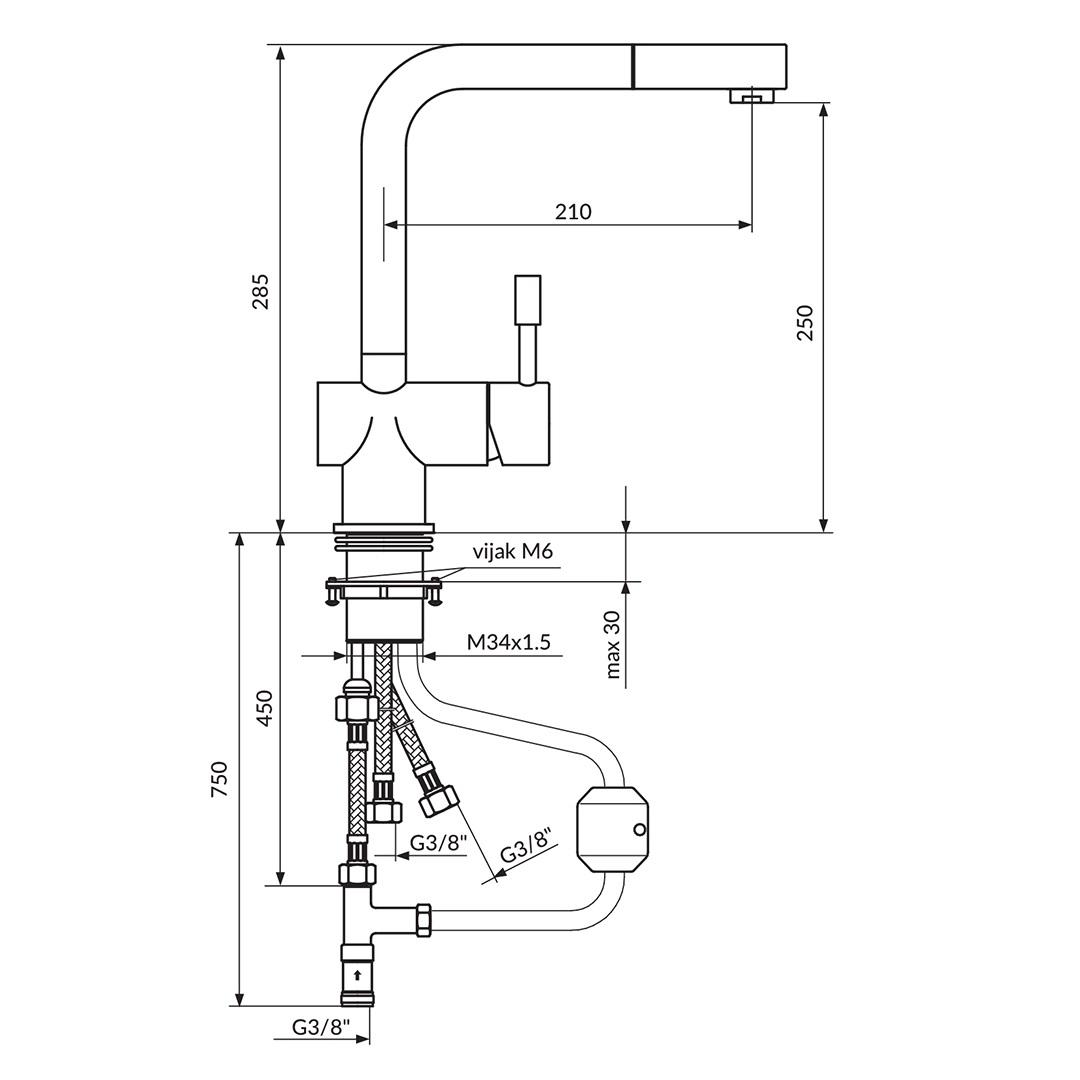Rosan Steel 250 Stainless Steel baterija (slavina) za sudoperu sa izvlačećim tušem sa 3 cevi JS38603