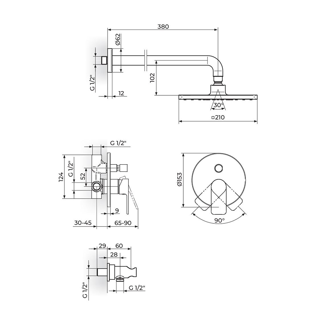 Rosan S2 Black mešač sa prebacivačem okrugli, priključak za crevo ručnog tuša sa držačem ručnog tuša, ručni tuš set četvrtasti i nadglavni tuš set zidni četvrtasti 231601B