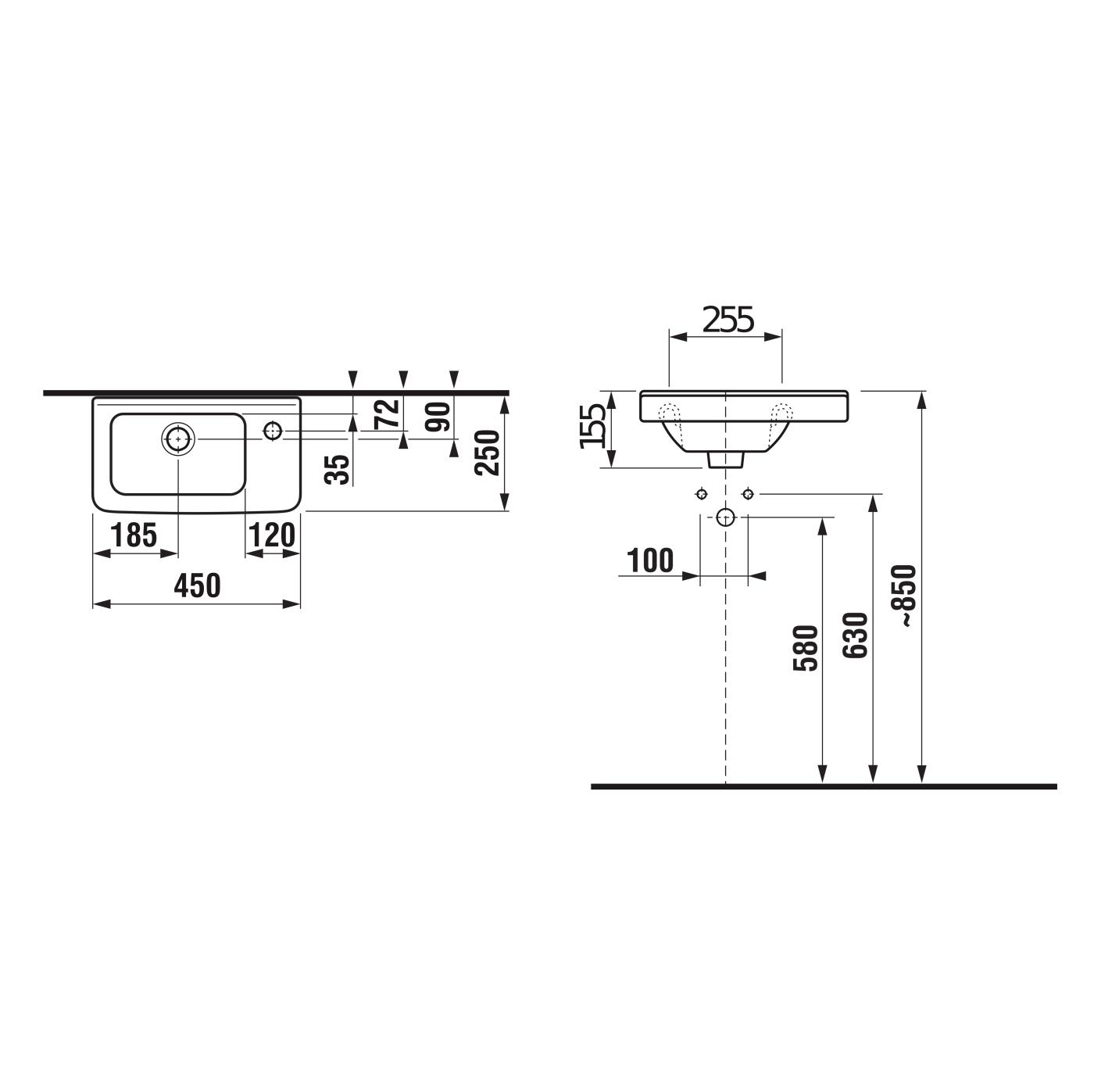 Jika Cubito Pure White umivaonik (lavabo) 45x25x16 konzolni sa rupom za bateriju desno i sa prelivom 8.1142.4.000.106.1