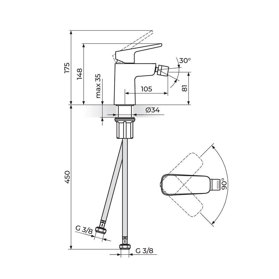 Rosan Stolz 80 Chrome baterija (slavina) za bide 139101