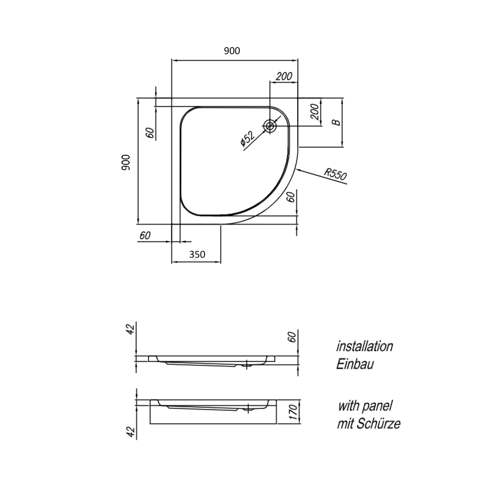 Kolpa San Ontex White 90x90x17 R550 tuš kada polukružna ugradna od sanitarnog akrila sa odlivom Ø52mm, oblogom i postoljem 755150