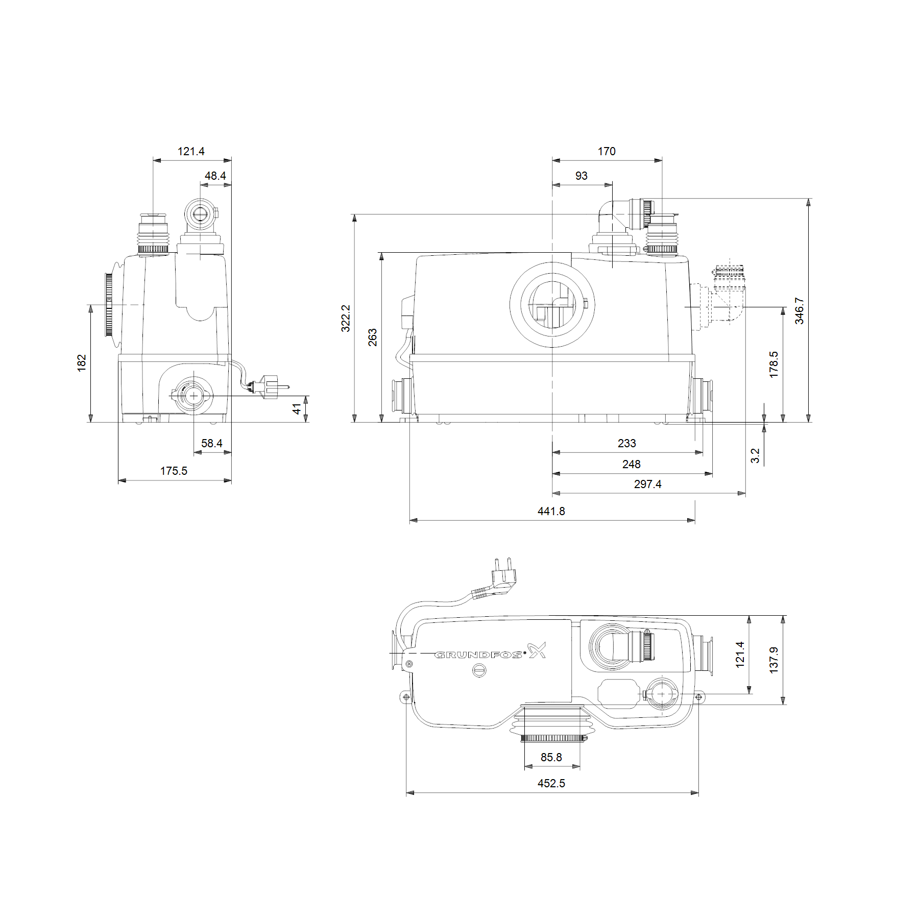 Grundfos Sololift2 WC-3 pumpa podizna automatska za otpad iz WC šolje sa 3 priključka za otpadnu vodu iz umivaonika, bidea i/ili kade 220-240V 50Hz 97775315