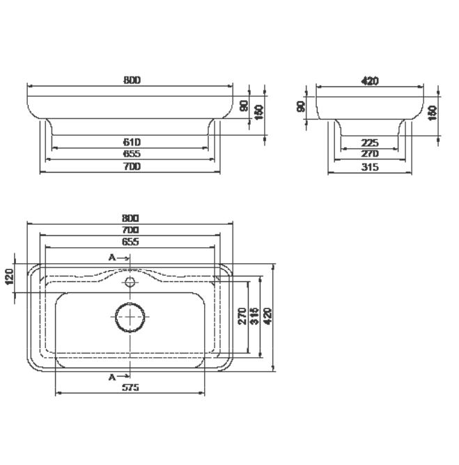 Turkuaz CeraStyle Lal White umivaonik (lavabo) 80x42 nadgradni sa rupom za bateriju, keramičkim poklopcem odvoda i zaravnjenjem levo i desno 72400U