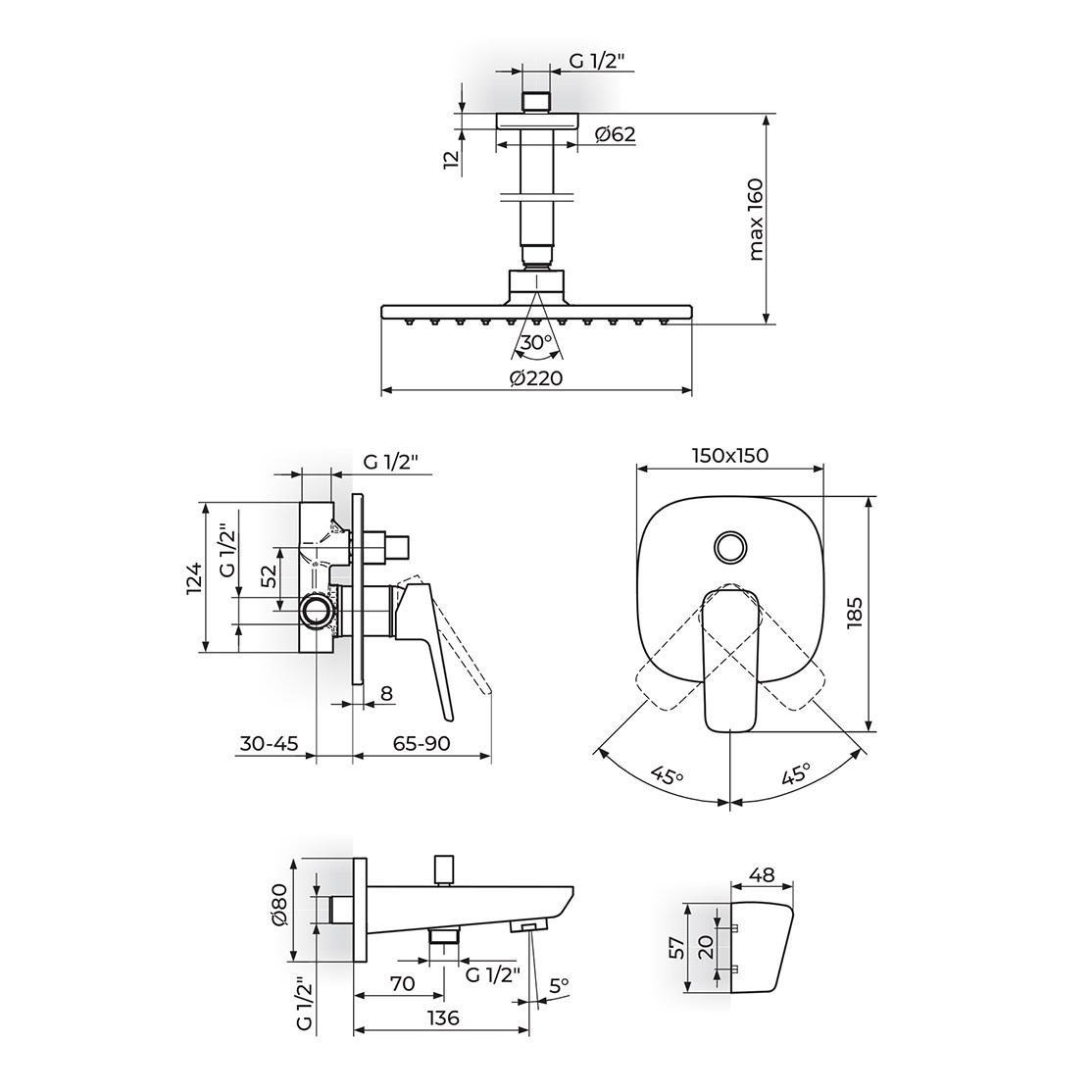 Rosan Stolz 220 Chrome mešač sa prebacivačem, nadglavni tuš sa plafonskim držačem, izliv sa priključkom za crevo ručnog tuša i ručni tuš set sa fiksnim držačem 131703