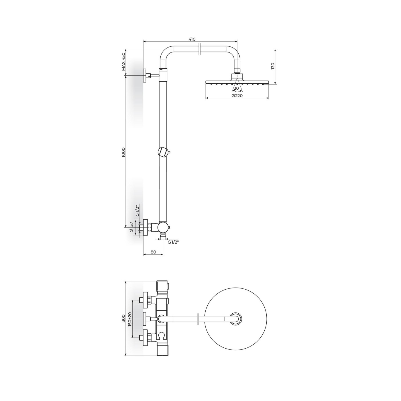 Rosan Stolz Thermo 220 Chrome kompletni tuš sistem termostatski sa ručnim tuš setom i okruglim nadglavnim tušem 1T37251