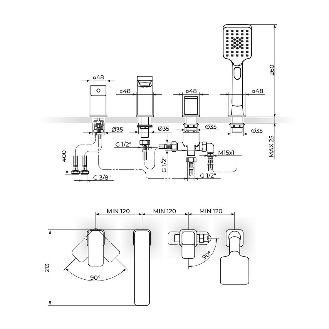 Rosan S2 Chrome baterija (slavina) za kadu ugradna za 4 otvora sa prebacivačem, izlivom i ručnim tuš setom na izvlačenje sa šušem sa više mlazeva 233204