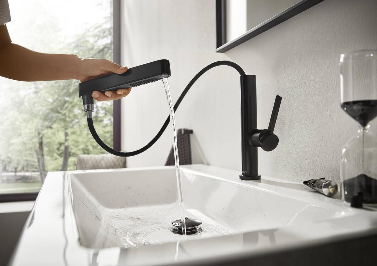 Hansgrohe Finoris  230 Matt Black baterija (slavina) za umivaonik sa izvlačećim tušem sa 2 mlaza i odlivnim ventilom sifona push-open 76063670