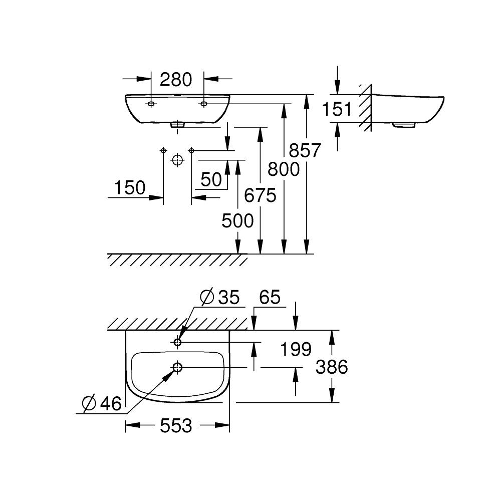 Grohe Bau Ceramic Alpine White umivaonik (lavabo) 55,3x38,6x15,1 konzolni sa rupom za bateriju i sa prelivom 39440000