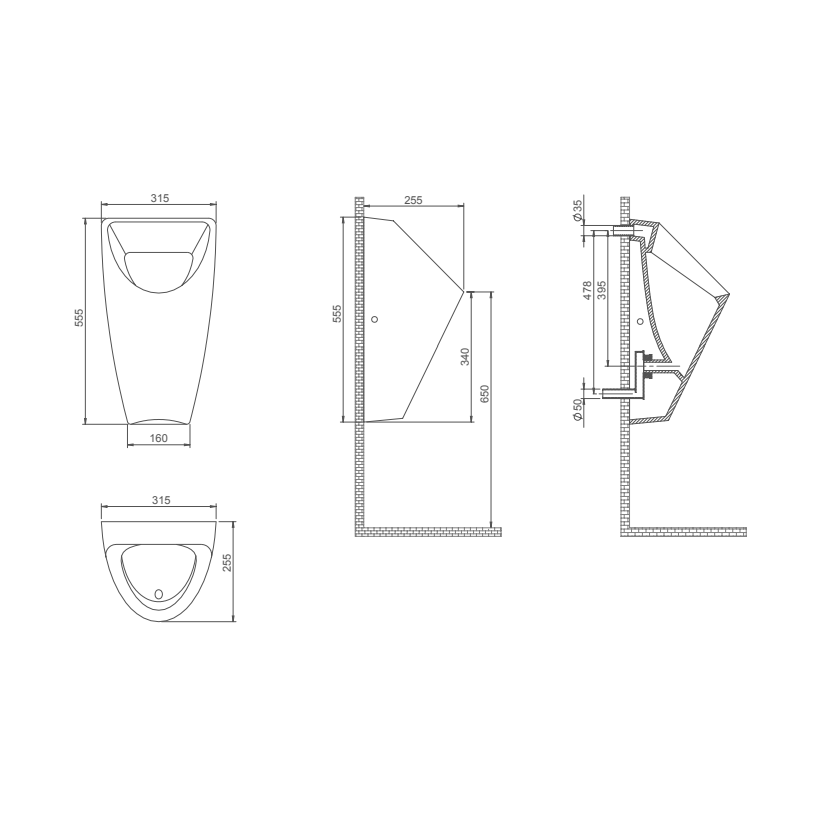 Turkuaz CeraStyle City White pisoar sa vidljivim dovodom i skrivenim odvodom (vertikalni ulaz i horizontalni izlaz) 31,5x25,5x55,5 5800PU