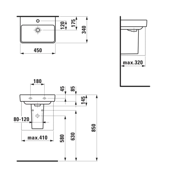 Laufen Pro S White umivaonik (lavabo) 45x34x8,5 konzolni sa rupom za bateriju 8.1596.1.000.104.1