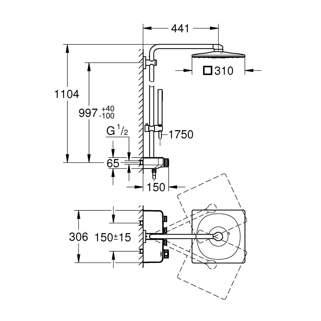 Grohe Smartcontrol System 310 Cube Duo Brushed Cool Sunrise tuš sistem usponski sa termostatskom baterijom i prebacivačima na dugme, ručnim tuš setom i četvrtastim nadglavnim tušem sa 2 mlaza 26508GN0