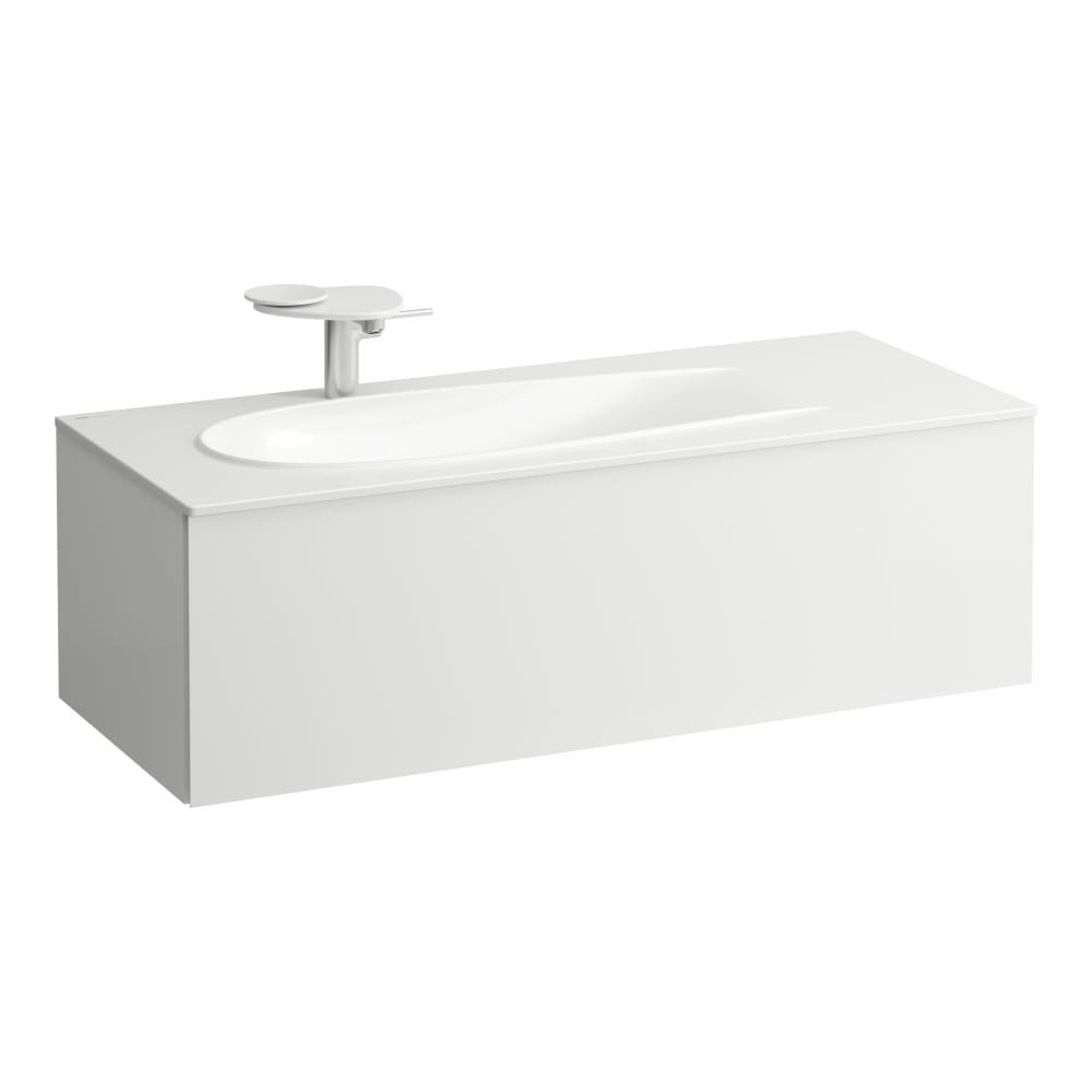 Laufen Il Bagno Alessi White Matt Slim umivaonik (lavabo) 120x50x16 konzolni i nadrgradni sa rupom za bateriju, desnim zaravnjenjem i keramickim odlivnim ventilom sifona nezatvorivim 8.1797.9.757.104.1
