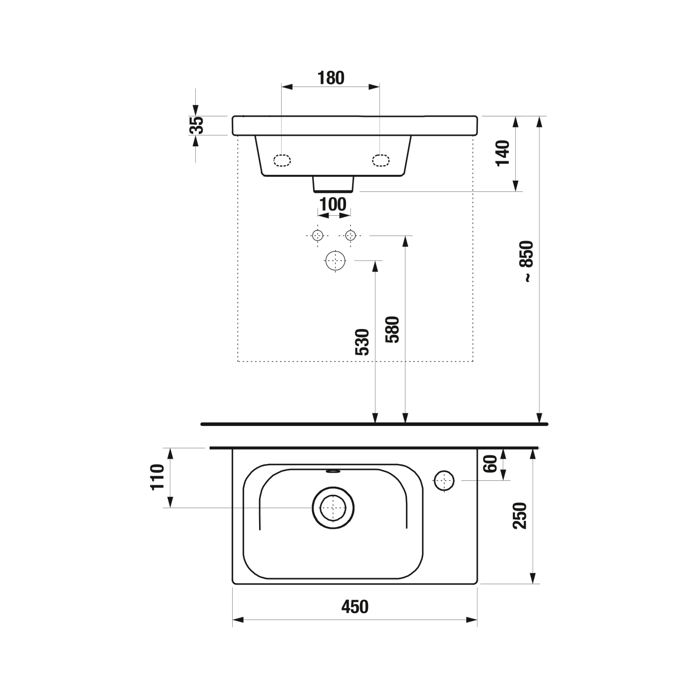 Jika Mio White umivaonik (lavabo) 45x25x0,35 konzolni sa rupom za bateriju desno i sa prelivom 8.1571.4.000.106.1 