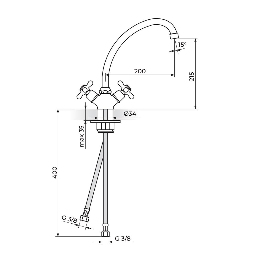 Rosan Nostalgija 215 Chrome baterija za umivaonik/sudoperu sa pokretnim izlivom od 200mm N23020