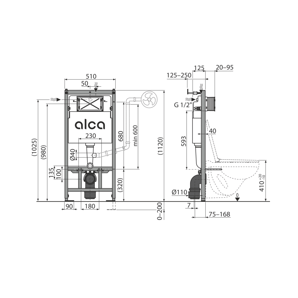 Alca Drain Sádromodul AM101/1120 Standard ugradni vodokotlić za konzolnu WC šolju sa setom za kačenje za oblaganje gips-karton pločama 51x12,5-34,5x112