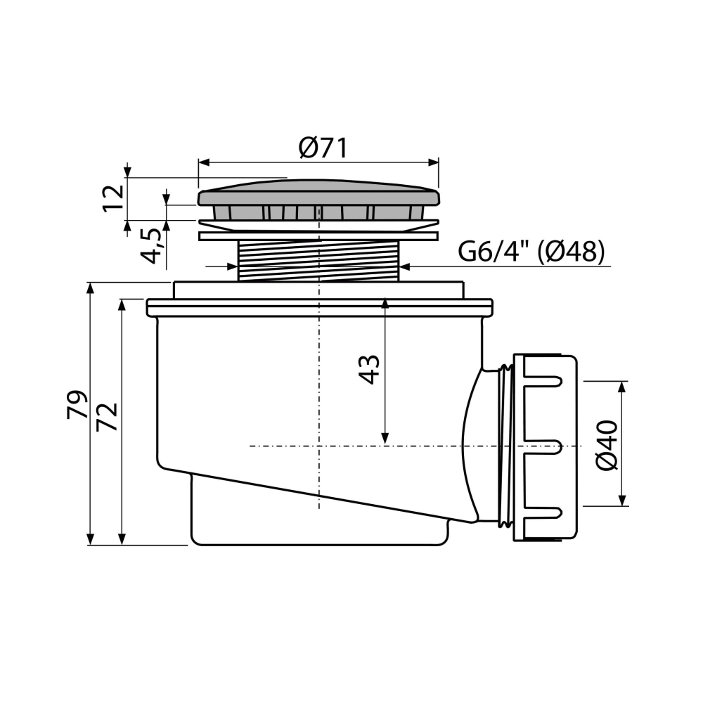 Alca Drain A47CR-50 Chrome sifon za tuš kade sa odlivom Ø50mm bez preliva sa visinom ugradnje 79mm samočisteći sa priključkom Ø40mm