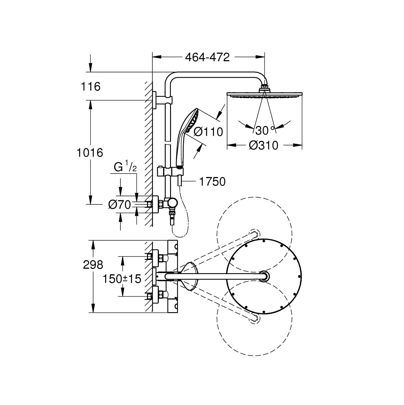 Grohe Euphoria System 310 Brushed Cool Sunrise tuš sistem usponski sa termostatskom baterijom ručnim tuš setom i okruglim nadglavnim tušem 26075GN0