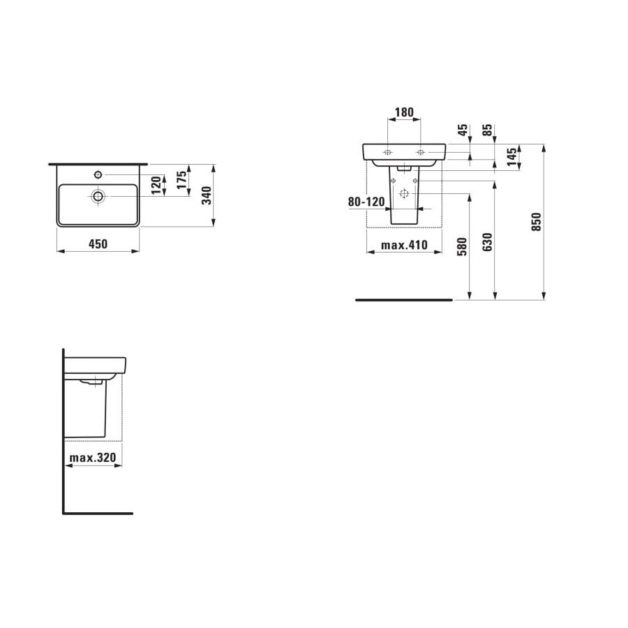 Laufen Pro S White umivaonik (lavabo) 45x34x8,5 konzolni sa prelivom 8.1596.1.000.109.1