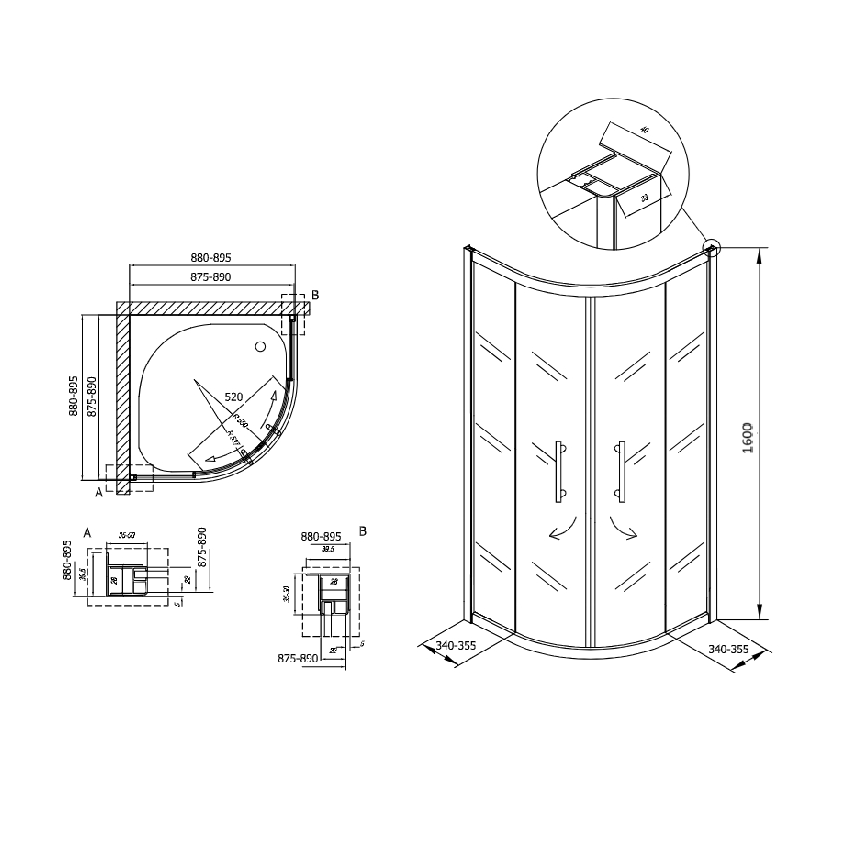 Kolpa San SQ Line Dixie 90x90 R550 Chrome tuš kabina polukružna visine 1600mm sa kaljenim Chinchilla staklom debljine 5/6mm 511500