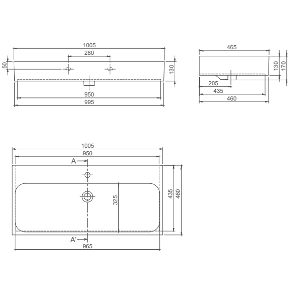 Turkuaz CeraStyle Pinto White umivaonik (lavabo) 100,5x46,5x13 konzolni i nadgradni sa rupom za bateriju i prelivom 80300U