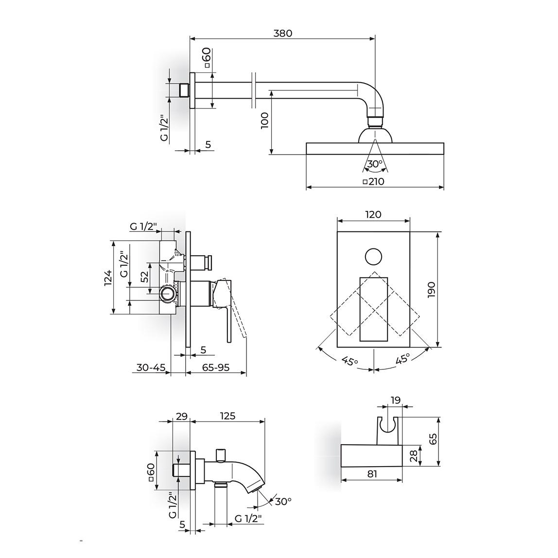 Rosan Quadro Chrome mešač sa prebacivačem, nadglavni tuš set četvrtasti zidni, ručni tuš set fiksni i izliv sa priključkom za crevo ručnog tuša JQ31701