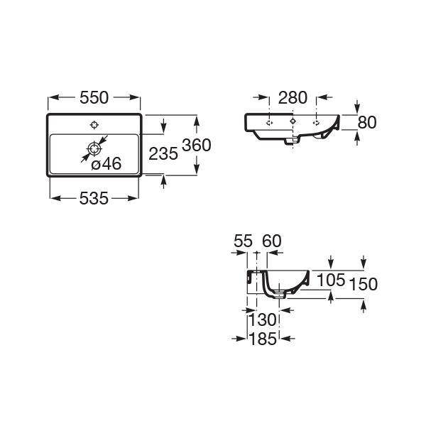 Roca Ona White Fineceramic® umivaonik (lavabo) 55x36x8 konzolni sa rupom za bateriju i prelivom A327683000