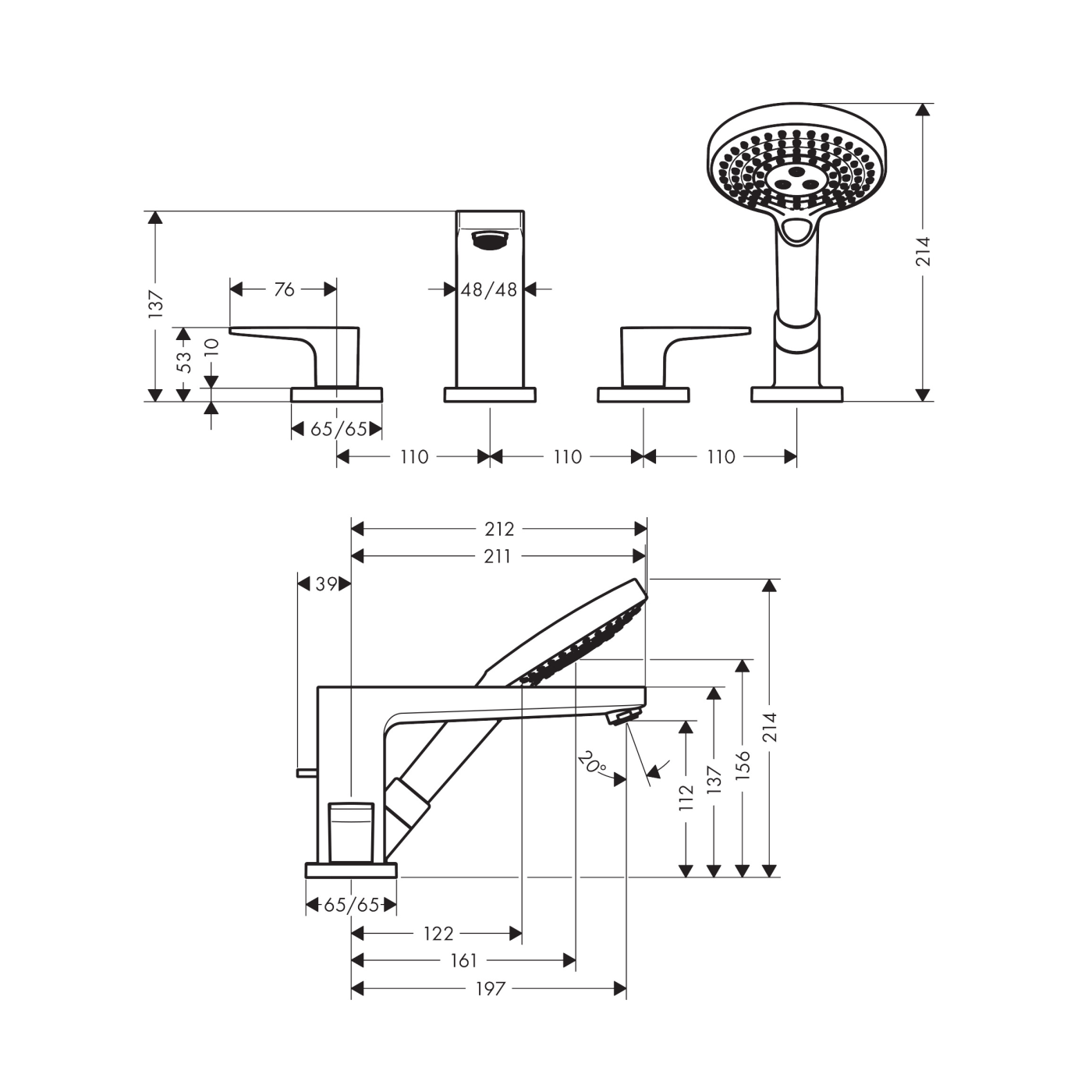 Hansgrohe Metropol Chrome baterija (slavina) za kadu dvoručna sa 4 otvora sa ručnim tušem RainDance Select S i držačem ručnog tuša 32552000