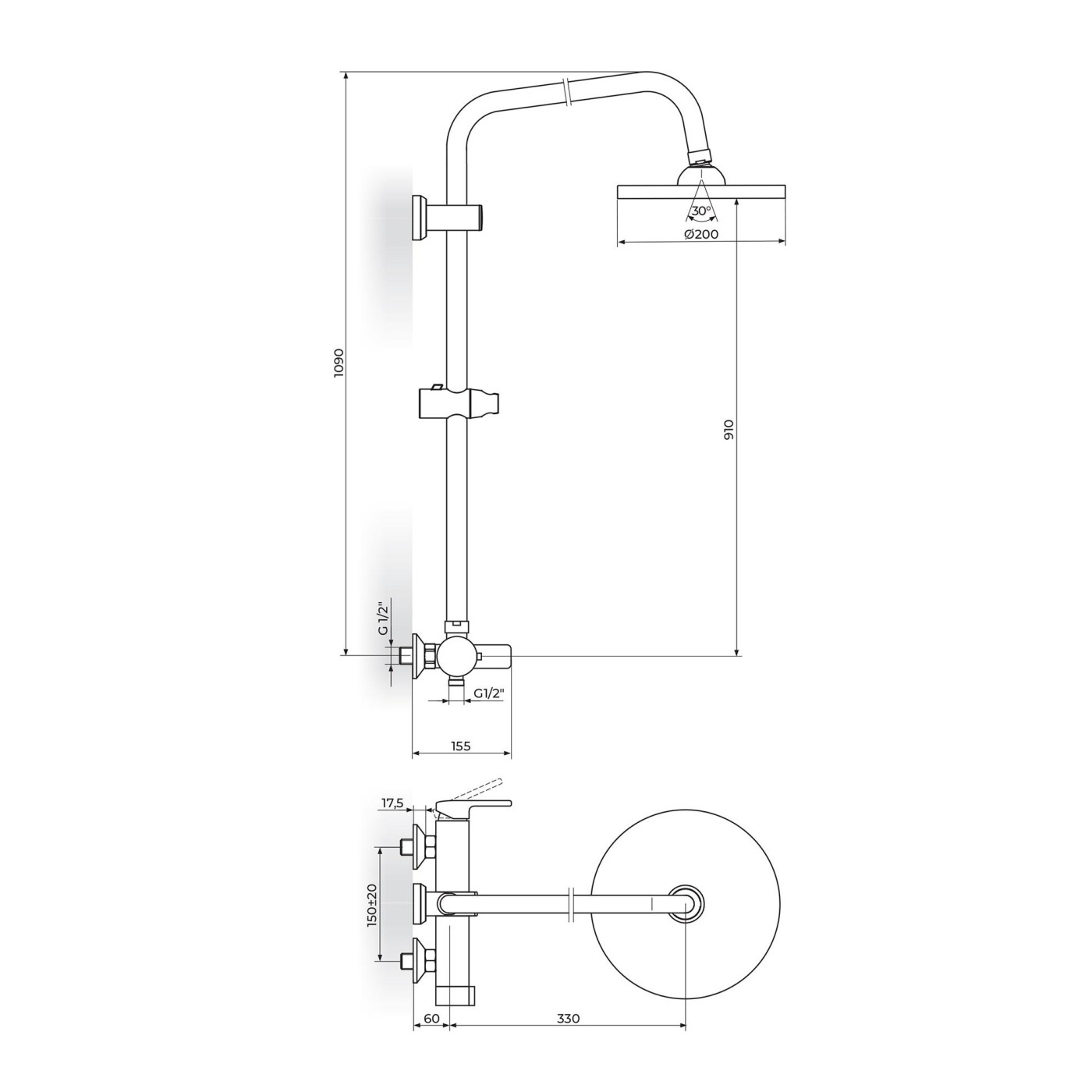 Rosan B/2 200 Chrome tuš sistem usponski sa baterijom, ručnim tuš setom i okruglim nadglavnim tušem JB37251