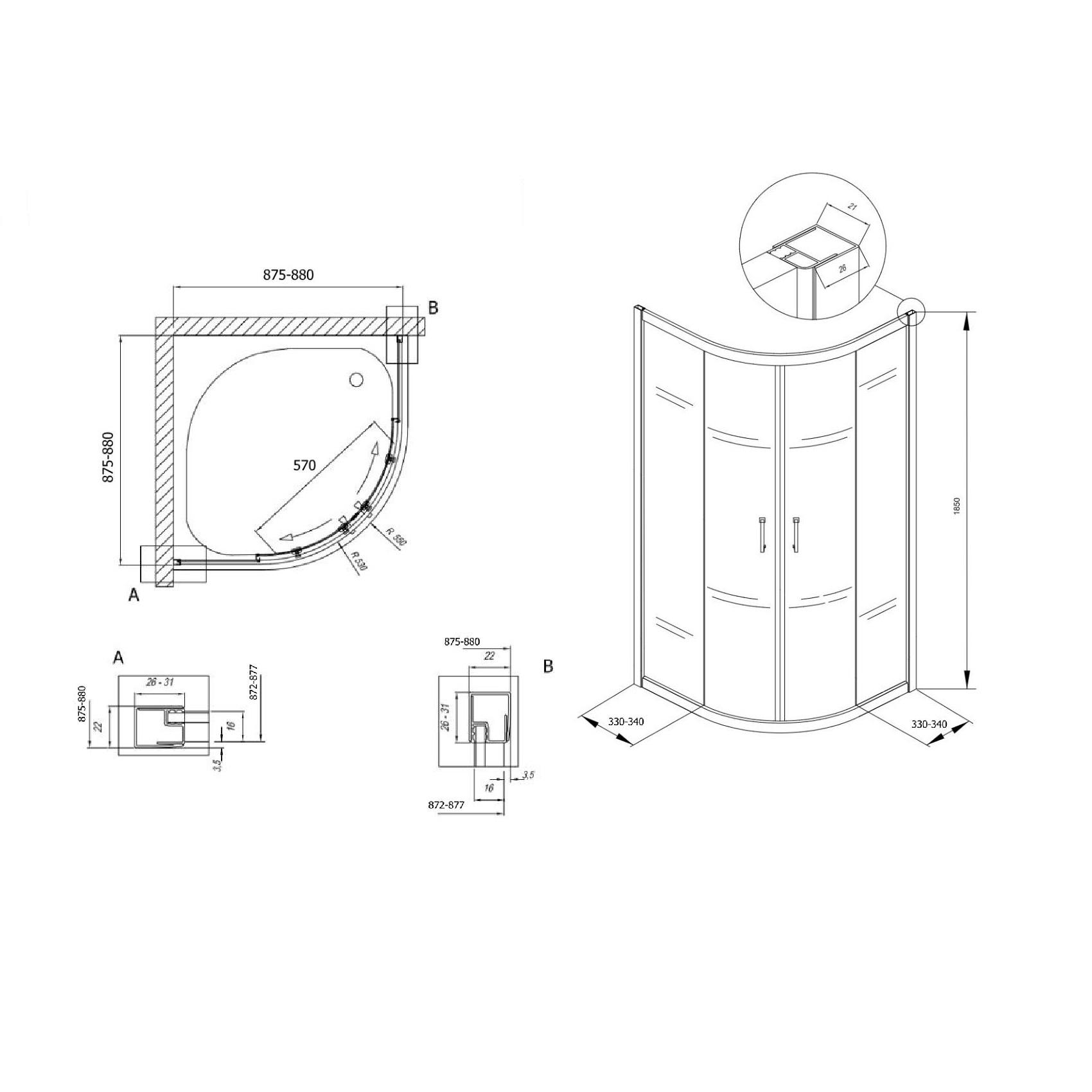 Kolpa San Eco Quat 90x90 Chrome tuš kabina polukružna visine 1850mm sa kaljenim providnim staklom debljine 5mm 538580