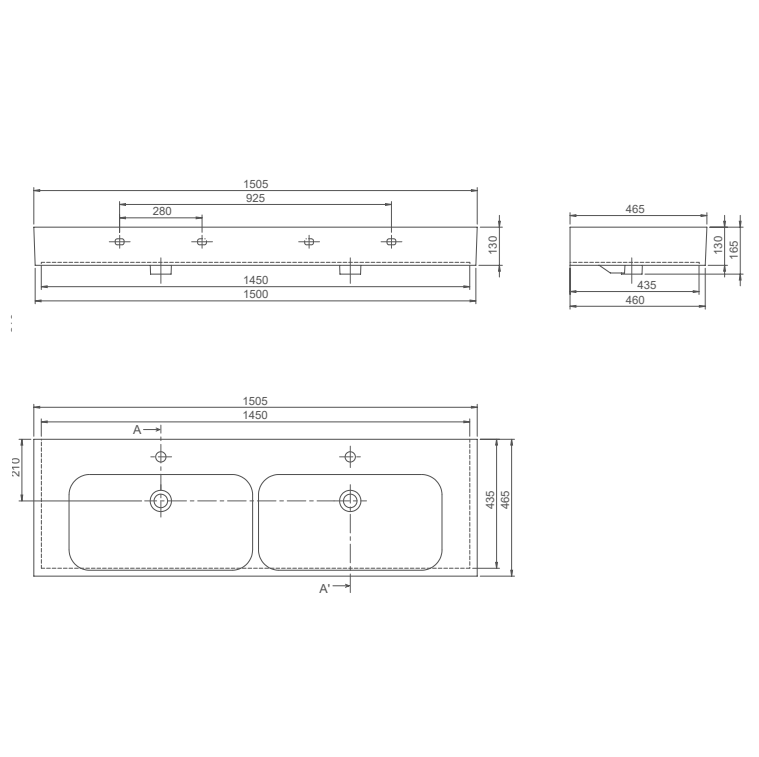 Turkuaz CeraStyle Pinto White umivaonik (lavabo) 150,5x46,5x13 konzolni i nadgradni sa 2 rupe za bateriju, 2 preliva i 2 korita dupli 80900U