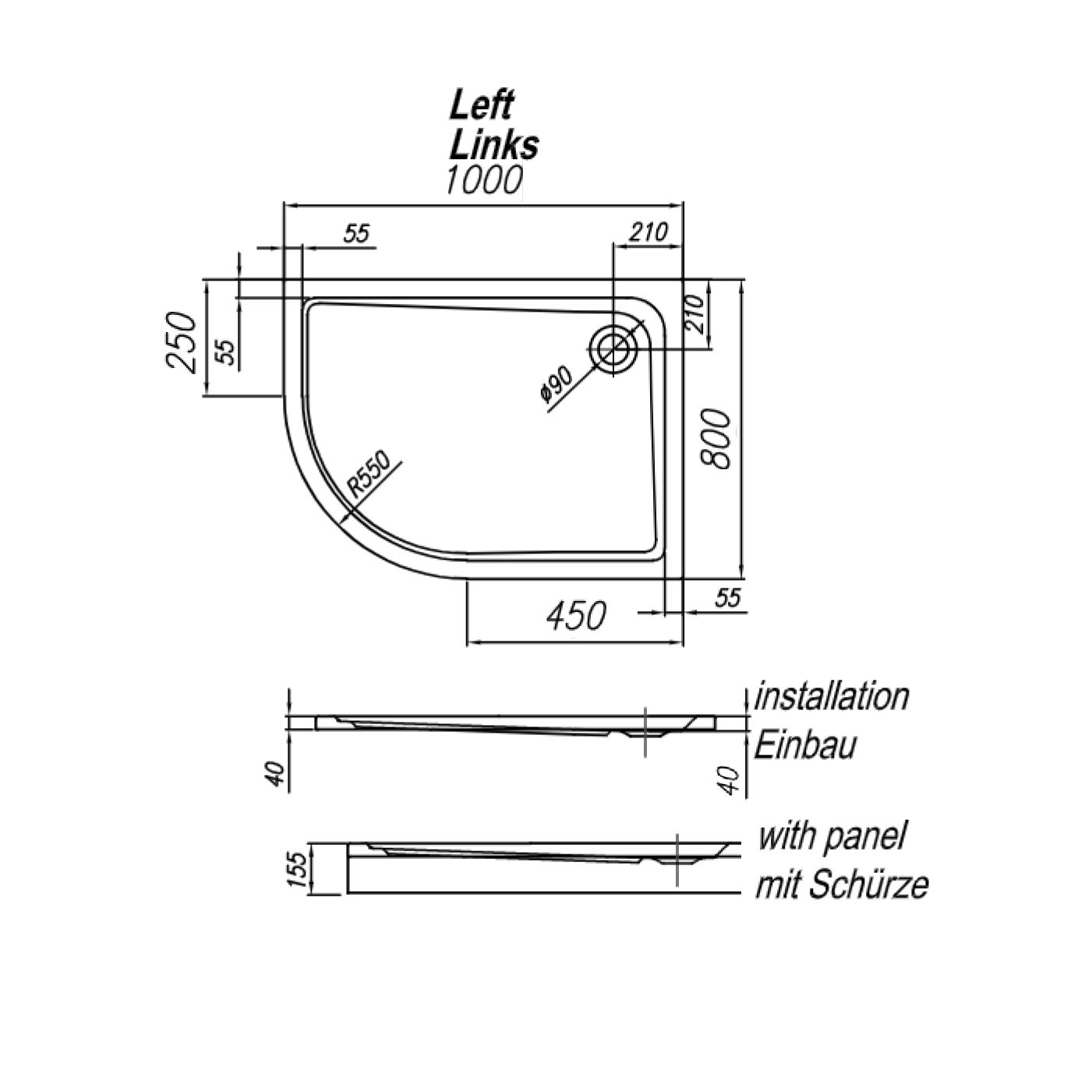 Kolpa San Malur L White 80x100x15.5 R550 tuš kada leva polukružna ugradna od sanitarnog akrila sa oblogom i postoljem sa odlivom Ø90mm 755550
