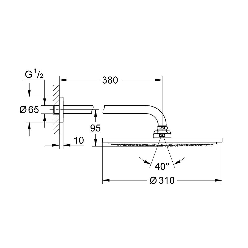 Grohe Rainshower Cosmopolitan 310 Cool Sunrise nadglavni tuš okrugli sa 1 mlazom i držačem nadglavnog tuša zidnim od 380mm 26066GL0
