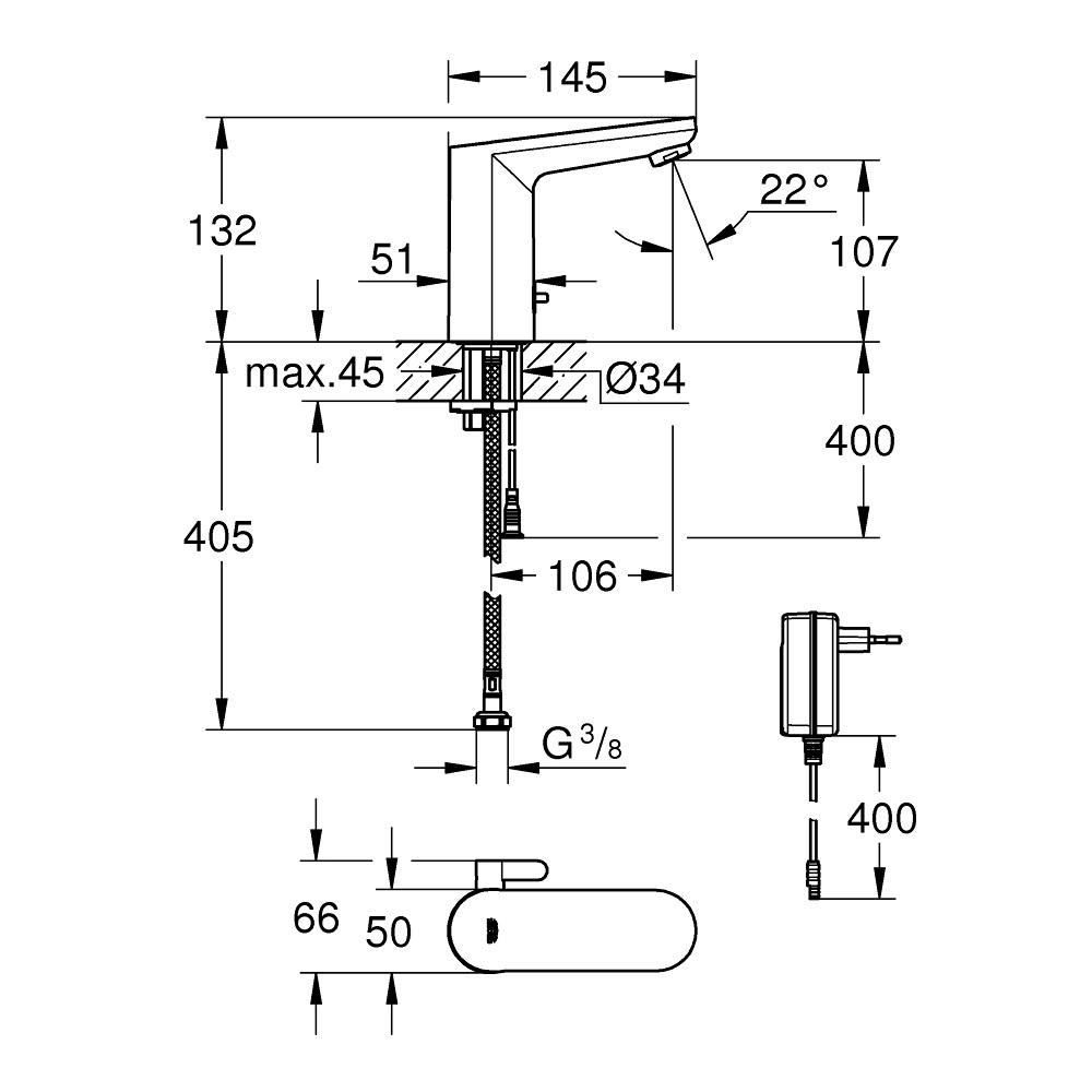 Grohe Cosmopolitan Chrome senzorska baterija (slavina) za umivaonik sa mešačem i mrežnim napajanjem 107mm 36325002
